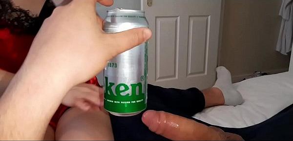  His neighbor drinks beer and at the same time sucks his cock deep and spit it out.